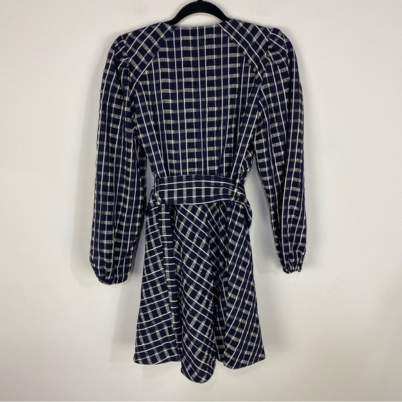Tanya Taylor Nicola Navy Blue Plaid Long Sleeve Plunge Fit & Flare Mini Dress - Picture 2 of 6